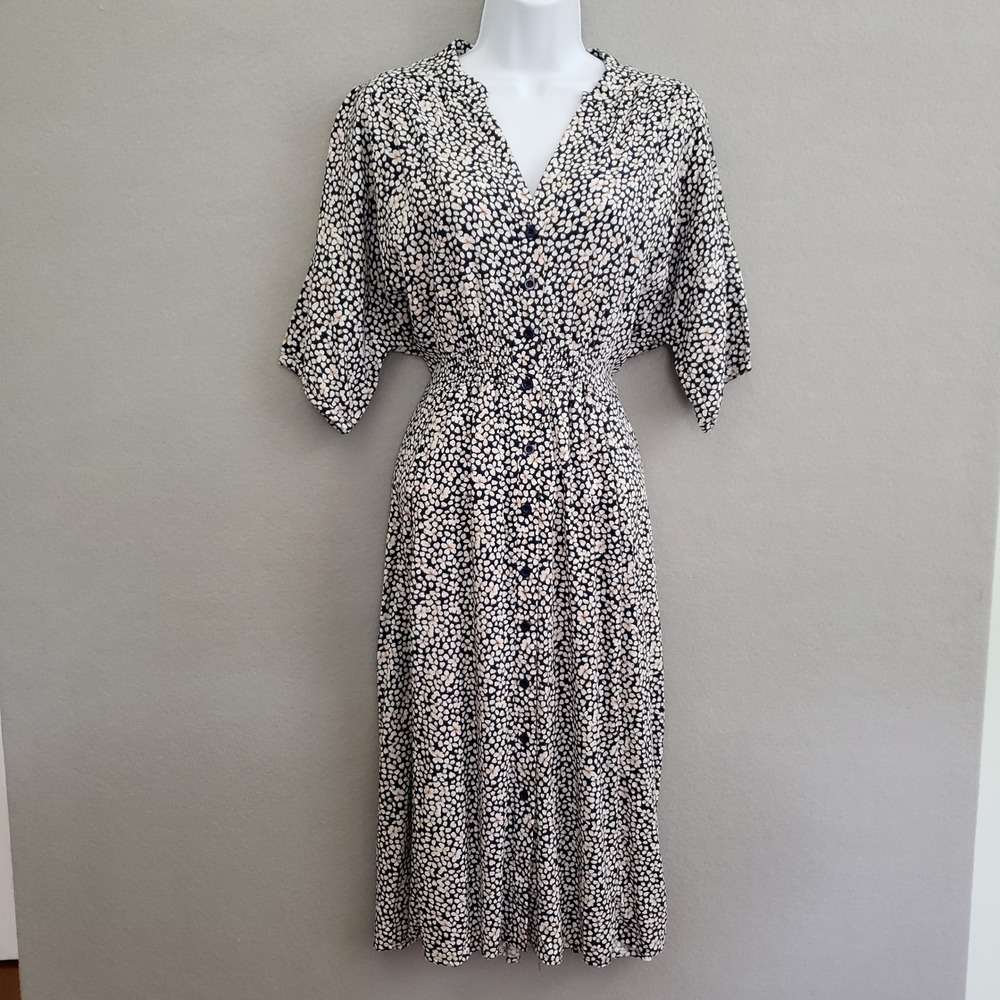 NWT Lucky Brand Women Navy Blue Floral Button Front Smocked Waist Midi Dress M